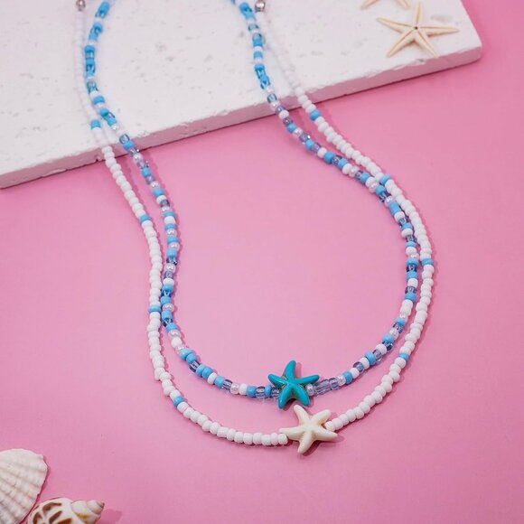 Bohemian Beaded Necklace for Women Layered Choker with Blue Starfish Pendant - Picture 4 of 6